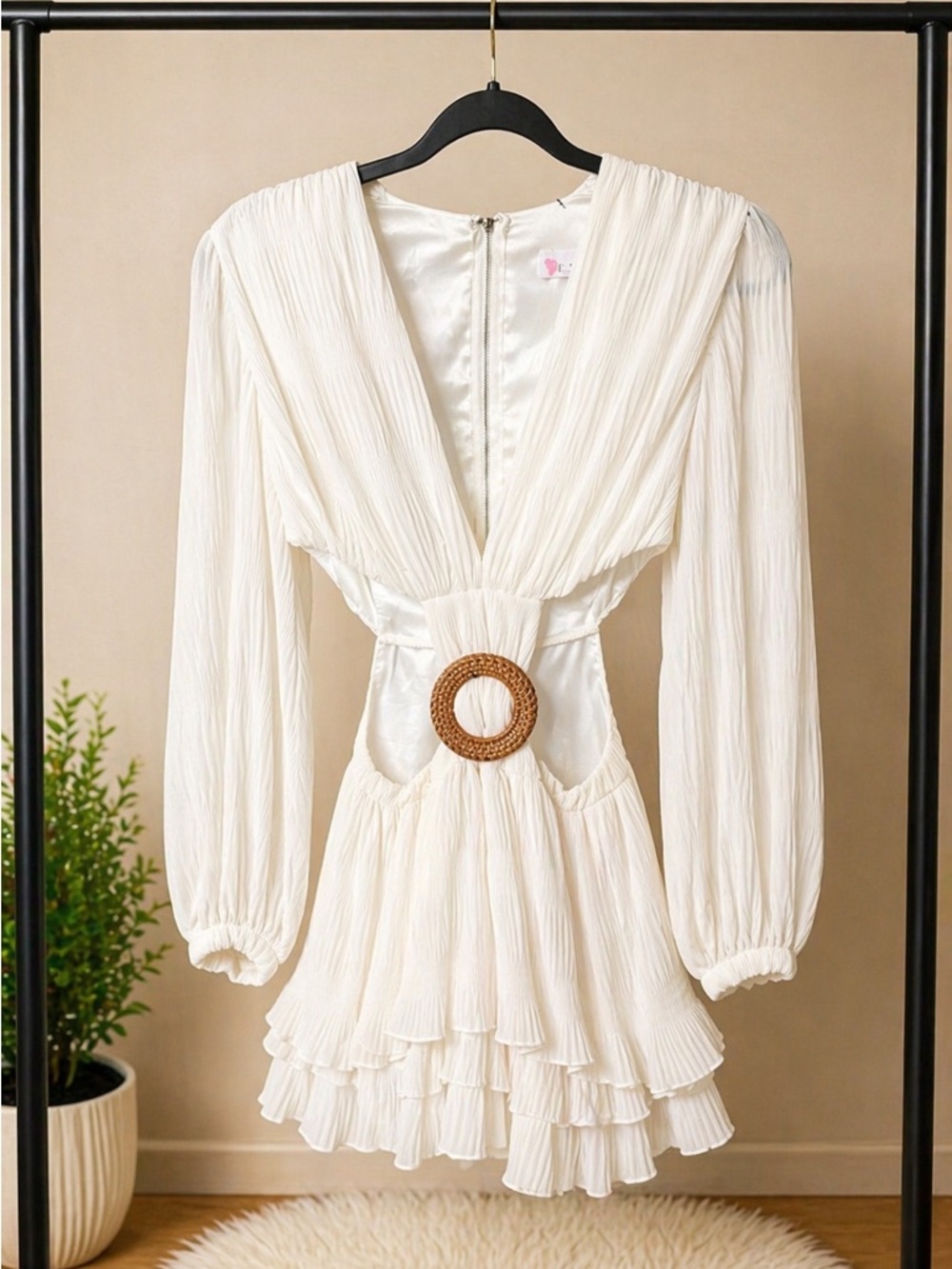 L’ATISTE White Pleated Mini Dress | Long Sleeve Cutout Waist | Boho Chic